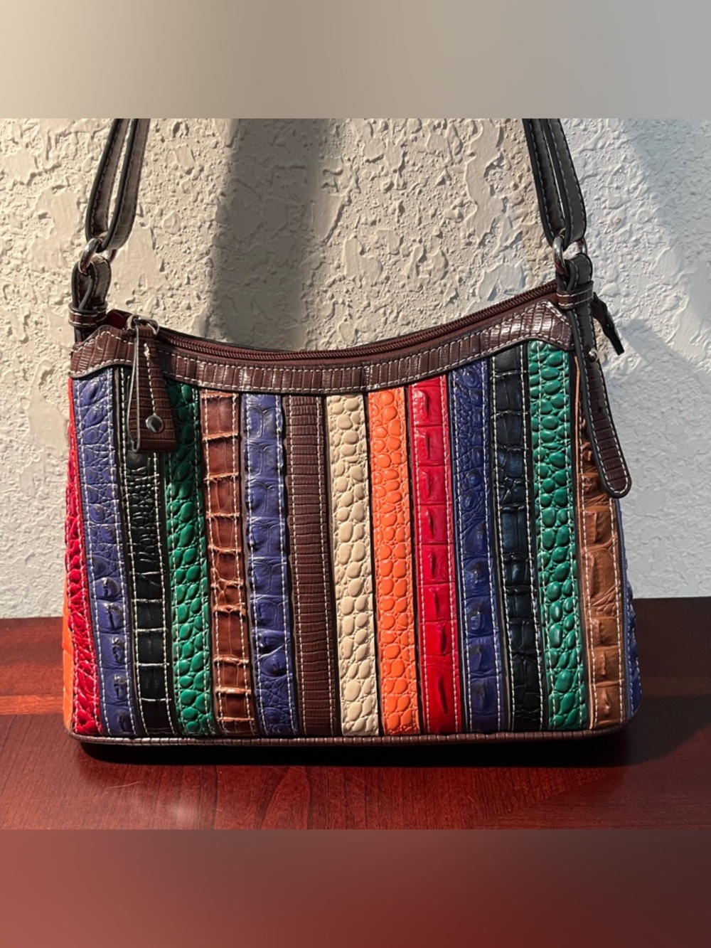 Multicolor Croc-Embossed Stripe Shoulder Bag
